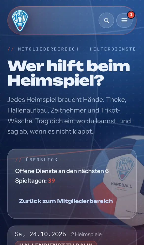 Schritt 1: Unter „Helferdienste“ stehen die Heimspieltage mit allen Schichten.